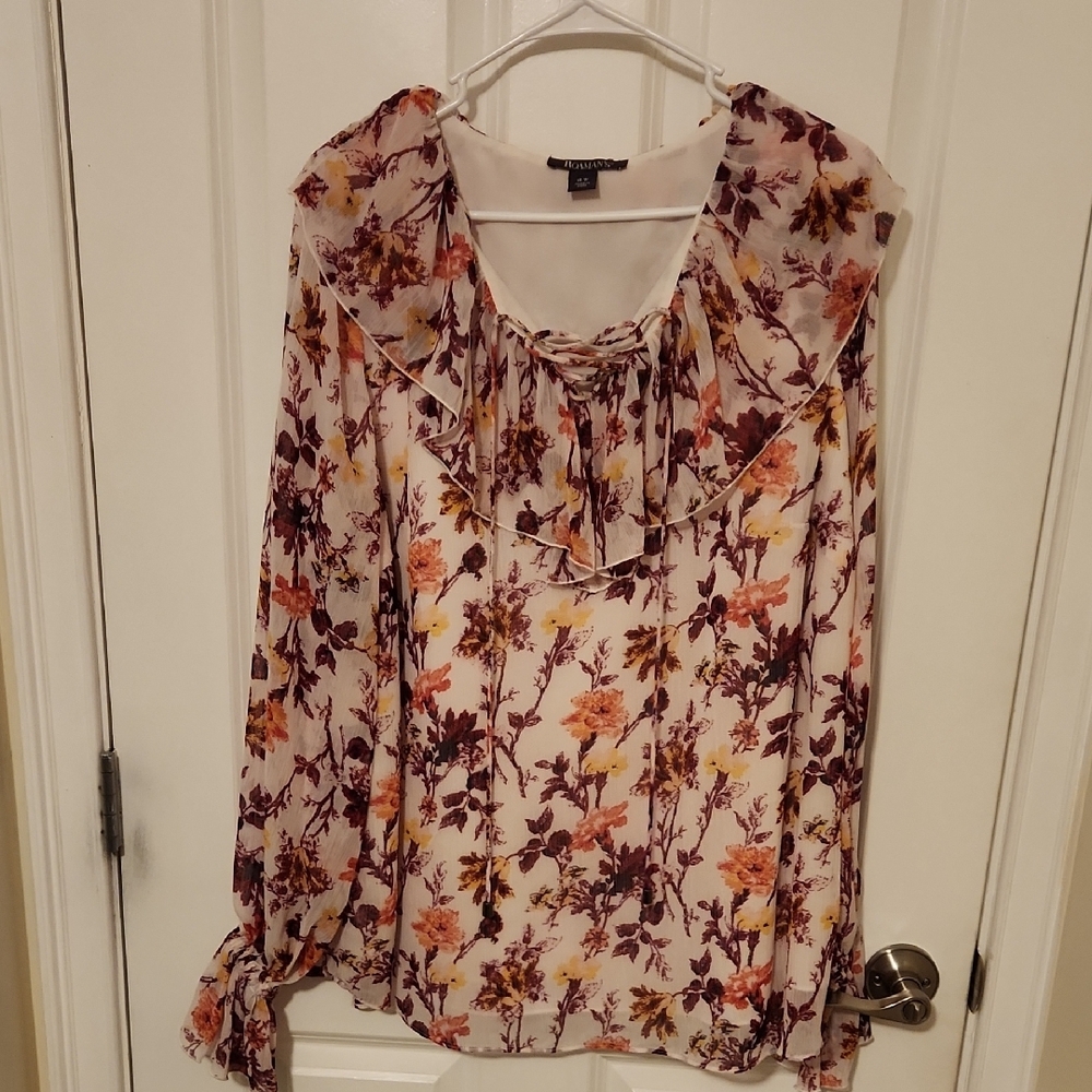 New York & Company Pink and Cream Puff Sleeve Blouse